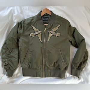 Express Women’s Bomber Jacket with Embroidered Birds, Size M